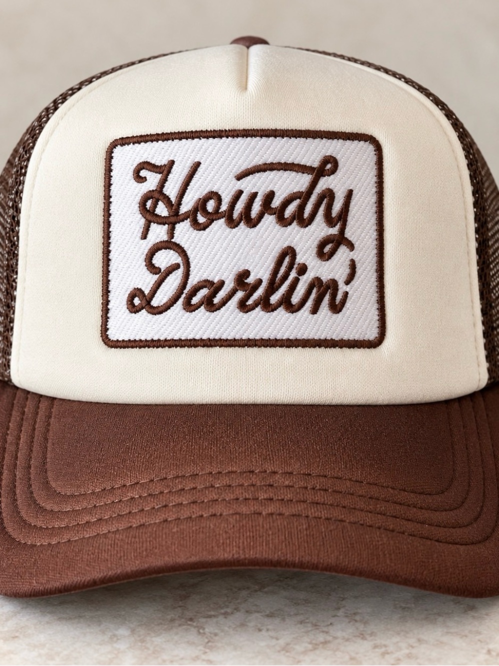 Howdy Darlin’ Western Trucker Hat Brown Cream Embroidered